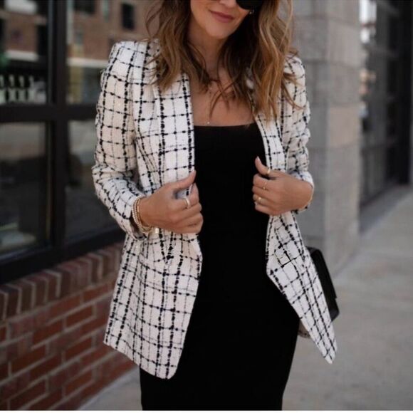 Express Plaid Tweed Boyfriend Blazer White Black Size Small Open Front - Picture 1 of 14